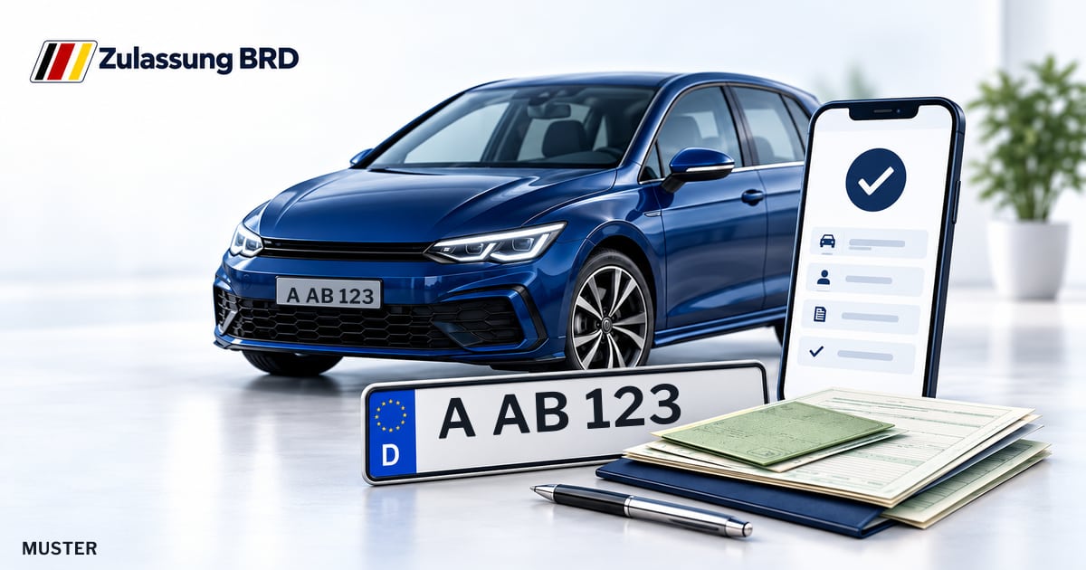 Online Fahrzeugzulassung in Meitingen: Musterkennzeichen A AB 123, Auto und Fahrzeugpapiere und Smartphone. Illustration mit Logo von Zulassung BRD.